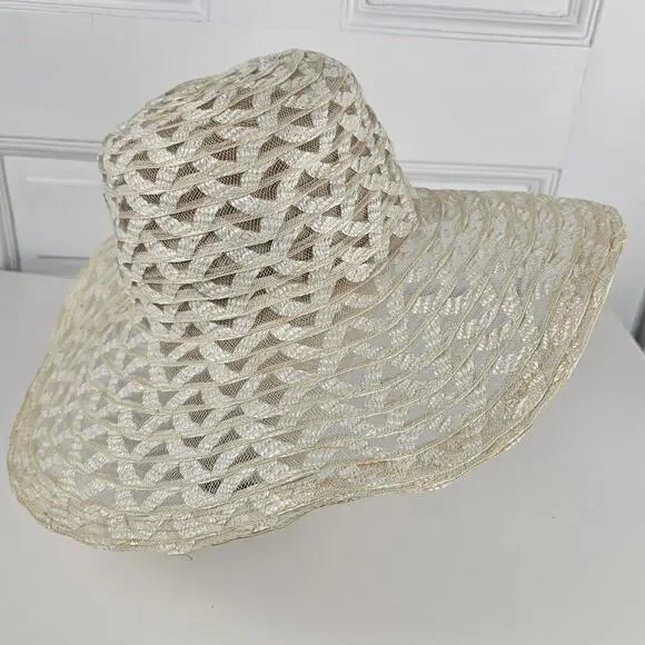 VTG 1970s wide brim sheer Hat crisscross  prairie cottage boho bridesmaid - Picture 6 of 10